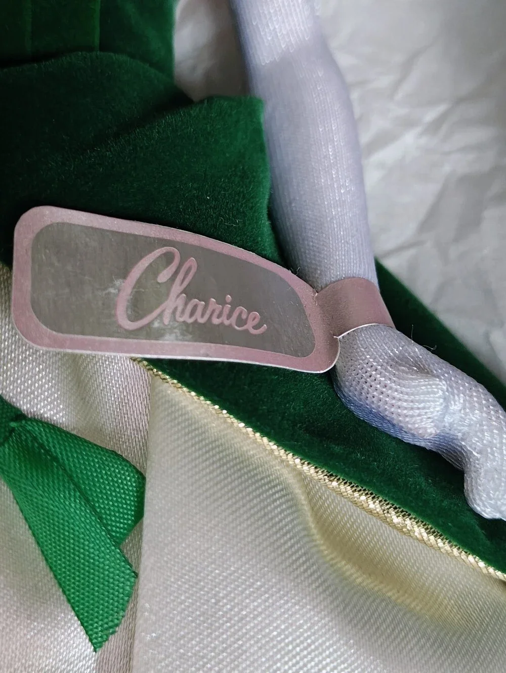 Velvet 'N' Bows Charice Doll By MiKelman #10699 Red Hair,  Green & Ivory Gown